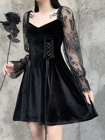 Vestido gótico para mujer Vestido retro con mangas de encaje de terciopelo coreano gótico negro