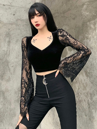 Women's Black Gothic Shirt V Neck Long Sleeve Cotton Top