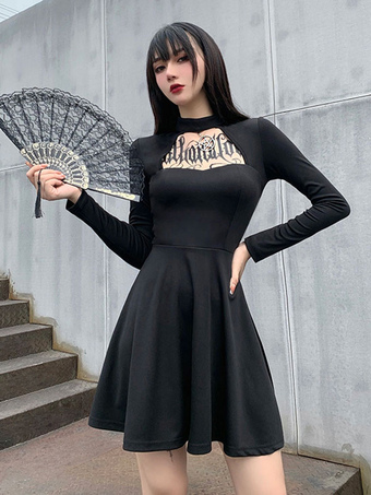 Women's Black Skirt Square Neck Polyester Long Sleeve Gothic Skirt
