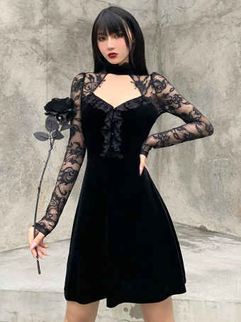 Frauen Schwarzes Gothic Kleid Baumwolle Langarm Bodycon Kleid