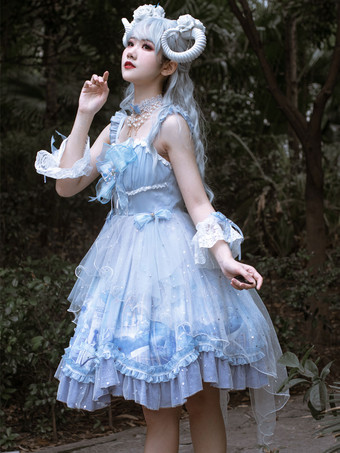 甘いロリータJSKドレスベビーブルーノースリーブティアードボウレースロリータジャンパースカート