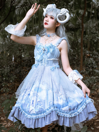 Sweet Lolita JSK Dress Baby Blue Sin mangas Lazos escalonados Encaje Lolita Jumper Faldas