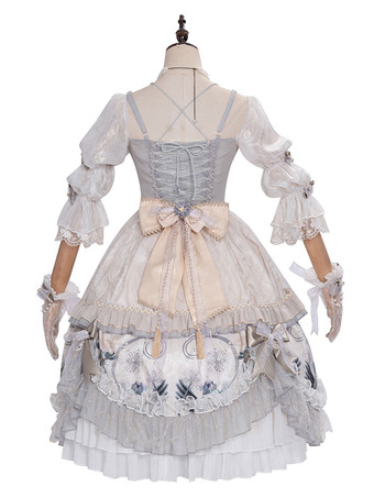 【限定】ロリータOPドレスフローラルプリントライトグレーフラワーボウロリータワンピースドレス 甘い