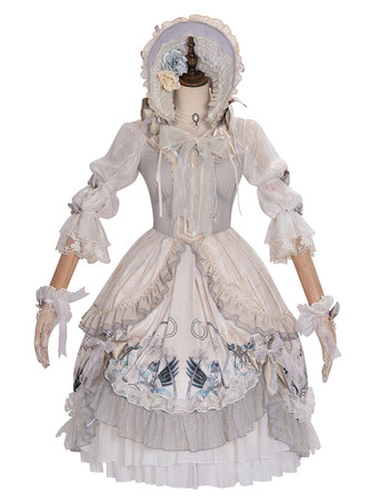 【限定】ロリータOPドレスフローラルプリントライトグレーフラワーボウロリータワンピースドレス 甘い