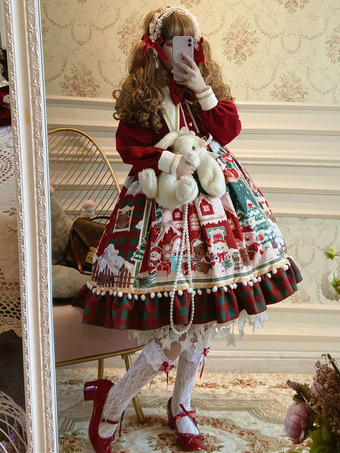Sweet Lolita OP Dress Modello natalizio Manica lunga in poliestere Rosso Natale Lolita Abiti di un pezzo