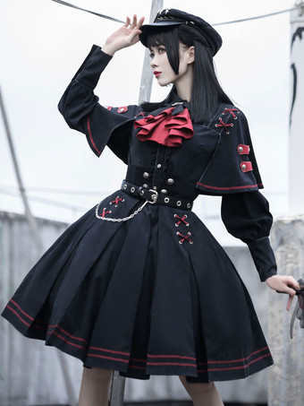 Gothic Lolita OP-Kleid Militärstil 4-teiliges Set Schwarze Akademische Lolita-Outfits