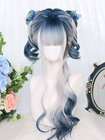 Harajuku Fashion Lolita Perucas Azul Longo Fibra Resistente ao Calor Destacando Cabelo Lolita Acessórios