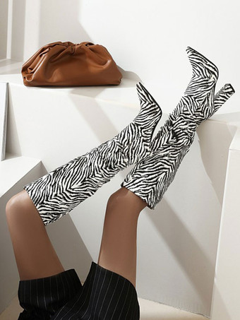 女性のゼブラ ストライプ ニーハイ ブーツ ブラック ポインテッド トゥ チャンキー ヒール ブーツ