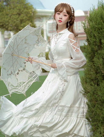 Sweet Lolita OP Dress White Lace Up Cascading Ruffles Long Sleeves Lolita Dresses