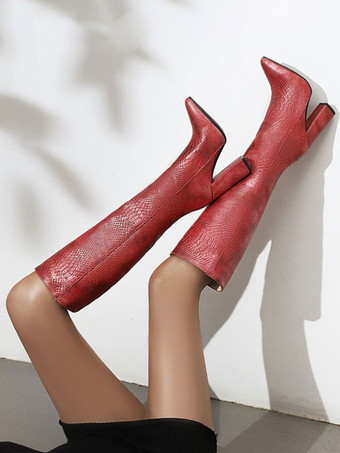 女性のためのコーヒーブラウンニーハイブーツポインテッドトゥチャンキーヒールブーツ