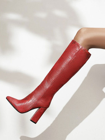 レッド 女性のためのコーヒーブラウンニーハイブーツポインテッドトゥチャンキーヒールブーツ