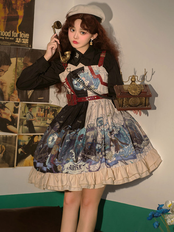 Steampunk Lolita JSK Dress Fruit Pattern Tiered Lace Up Black Lolita Jumper Skirts
