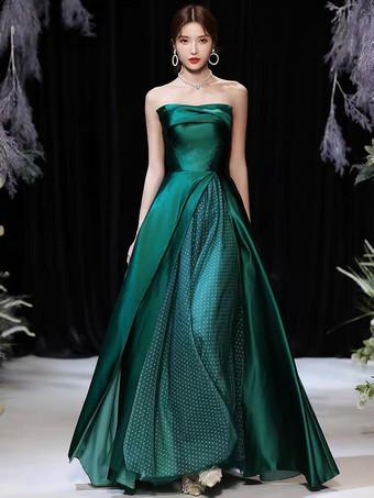 Evening Dress A Line Strapless Satin Fabric Floor Length Pleated Formal Party Dresses Forest Green Pageant Dress Milanoo