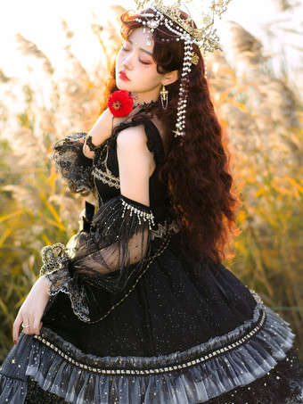 Sweet Lolita JSK Dress 3 pezzi Set fiocchi con lacci Tulle poliestere Gonne nere Lolita Jumper