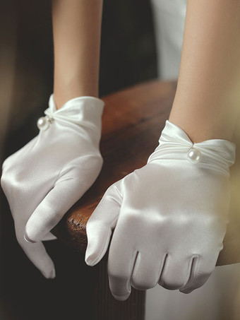 Женские свадебные перчатки из атласной ткани с жемчугом Белые свадебные перчатки