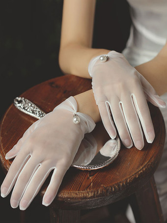 Женские свадебные перчатки из тюля с жемчугом Свадебные белые перчатки