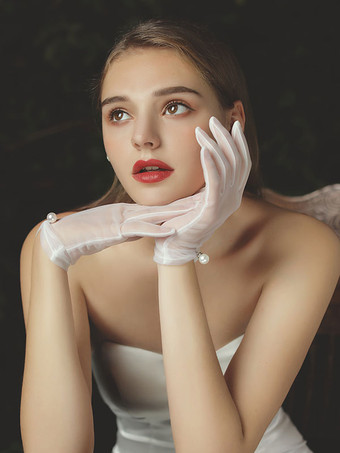 Gants de mariage femme tulle perles gants blancs de mariée