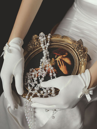 白い結婚式の手袋手袋サテン生地の弓ブライダル手袋