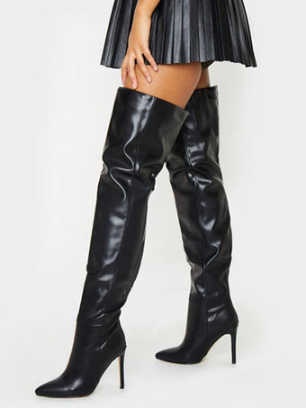 Spitz zulaufende Overknee-Stiefel mit hohem Absatz Schwarze Overknee-Stiefel mit lockerer Passform