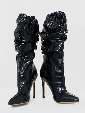 女性ミッドカーフ ブーツ ブラック PU レザー ポインテッドトゥ スティレット ヒール ブーツ