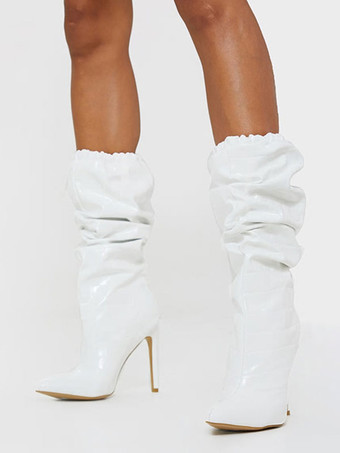 ホワイト 女性ミッドカーフ ブーツ ブラック PU レザー ポインテッドトゥ スティレット ヒール ブーツ