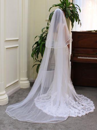 milanoo.com Cathedral Comb Wedding Veil White Tulle Oval Lace Applique Edge Bridal Veils