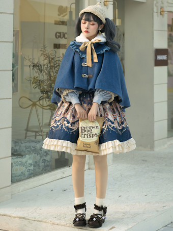 Sweet Lolita Poncho Dark Navy Poliestere Lace Up Spring Lolita Pocho Cape Only Outwears