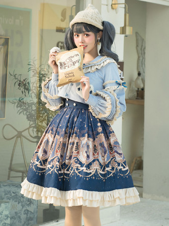 Sweet Lolita Outfits Baby Blue Animal Print Volantes Lazos Mangas largas Top Bowknot Overskirt Set