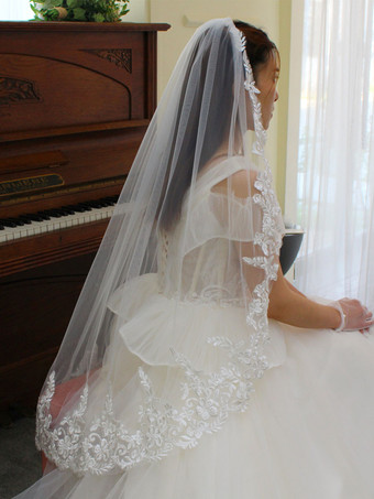 ウェディングベールワンティアレースチュールレースアップリケエッジオーバルブライダルベール
