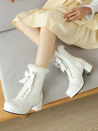 ロリータアンクルホワイトPUレザーボウラウンドトゥロリータシューズスウィートロリータブーツ
