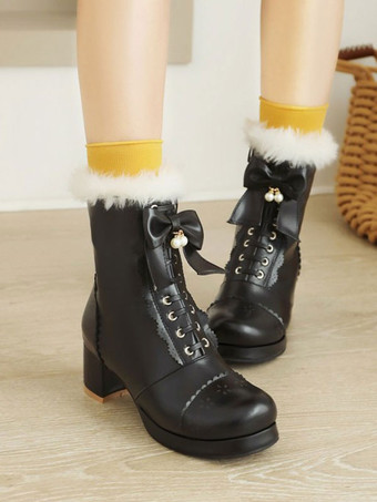 ブラック ロリータアンクルホワイトPUレザーボウラウンドトゥロリータシューズスウィートロリータブーツ