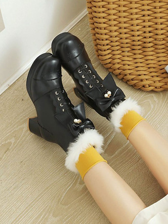 ロリータアンクルホワイトPUレザーボウラウンドトゥロリータシューズスウィートロリータブーツ