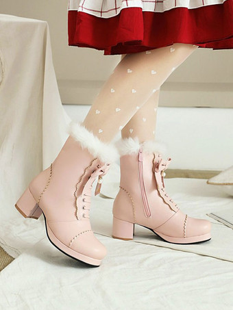 ロリータアンクルホワイトPUレザーボウラウンドトゥロリータシューズスウィートロリータブーツ