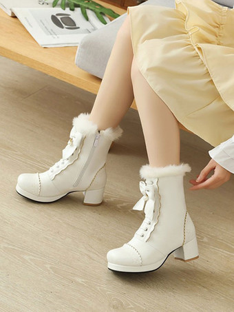 ロリータアンクルホワイトPUレザーボウラウンドトゥロリータシューズスウィートロリータブーツ