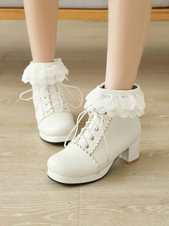 ホワイト ロリータアンクルピンクPUレザーラウンドトゥチャンキーヒールスウィートロリータブーティーシューズ
