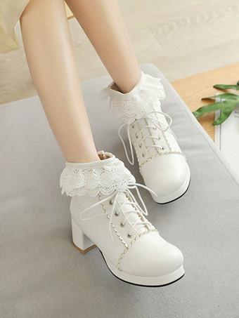 ロリータアンクルピンクPUレザーラウンドトゥチャンキーヒールスウィートロリータブーティーシューズ