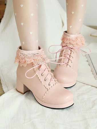 ロリータアンクルピンクPUレザーラウンドトゥチャンキーヒールスウィートロリータブーティーシューズ