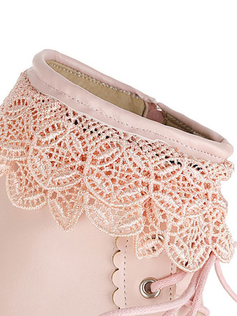 ロリータアンクルピンクPUレザーラウンドトゥチャンキーヒールスウィートロリータブーティーシューズ