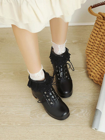 ロリータアンクルピンクPUレザーラウンドトゥチャンキーヒールスウィートロリータブーティーシューズ