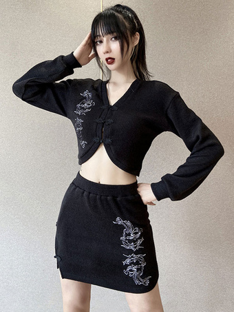 Women Gothic Two Piece Set Black Polyester V Neck Long Sleeve Top Skirt