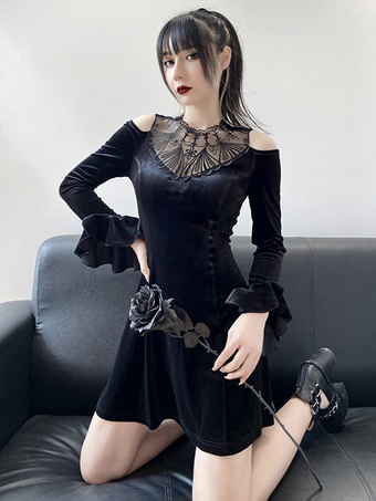 Women Gothic Dress Black Lace Long Sleeve Polyester Bodycon Dress