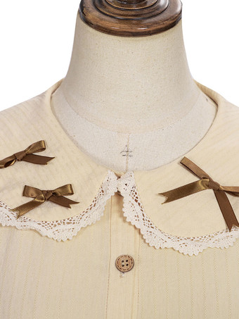 スウィートロリータブラウズボウロングスリーブライトアプリコットロリータシャツスウィートトップ