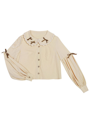 スウィートロリータブラウズボウロングスリーブライトアプリコットロリータシャツスウィートトップ