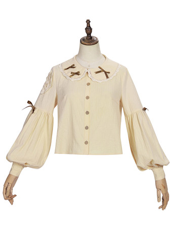 スウィートロリータブラウズボウロングスリーブライトアプリコットロリータシャツスウィートトップ