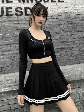 Women Gothic Skirt Black Academic Polyester Pleated Skirt