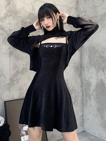 Women Gothic Blouse Black High Collar Long Sleeve Polyester Gothic Top