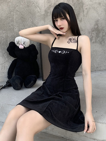 Women Gothic Dress Black Straps Neck Polyester Slip Dress Gothic Midi Dress