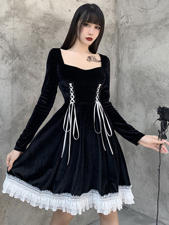 Women Midi Dress Black Square Neck Lace Up Long Sleeve Polyester Gothic Skirt