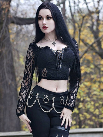 Women Gothic Blouse Black Lace Up Long Lace Sleeve Polyester Gothic Shirt