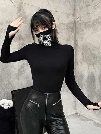 Blusa gótica de mujer Negro Cuello alto Manga larga Poliéster Top gótico